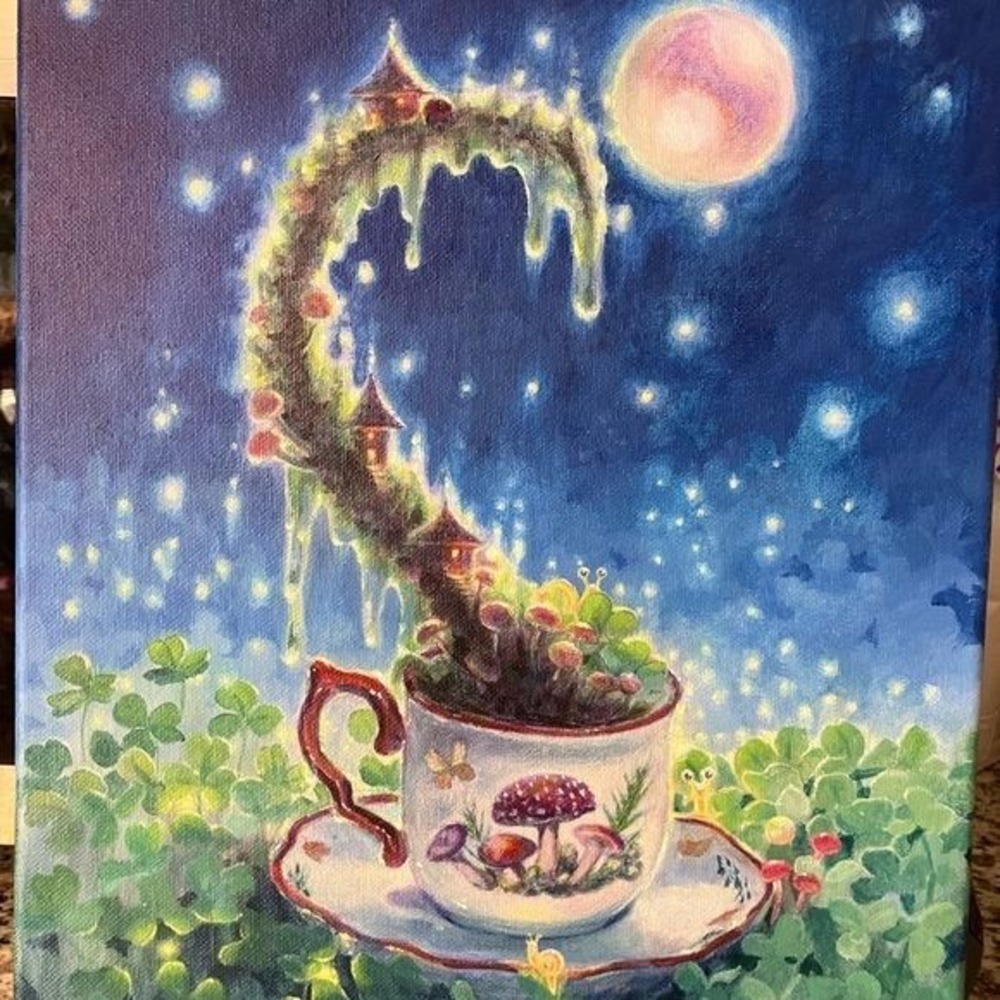 Original Teacup Painting Mushroom Surrealism Canvas Nature Art Moon Artettina